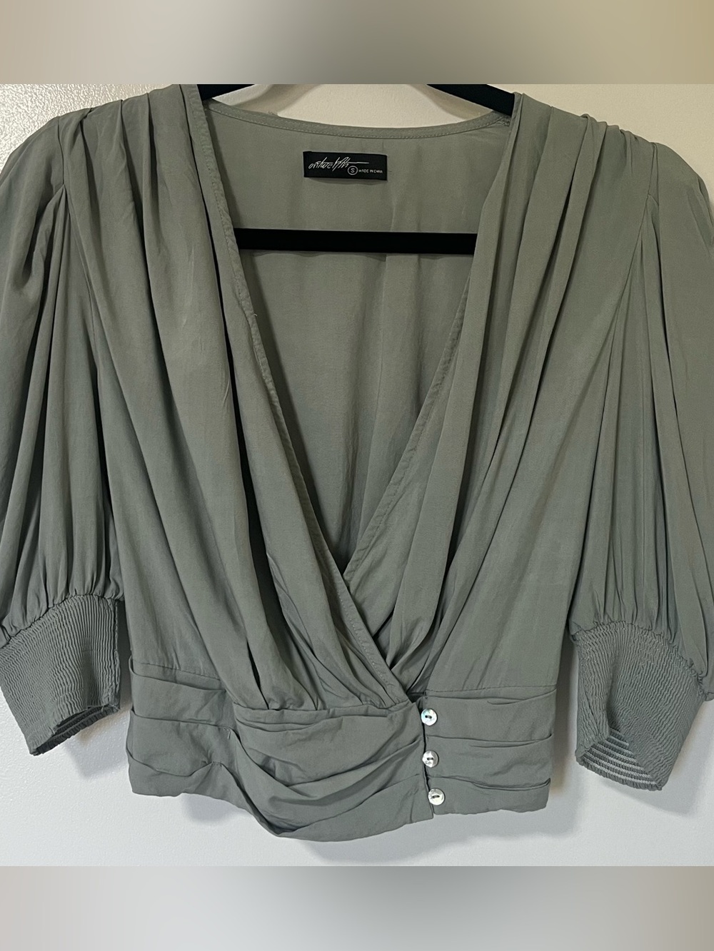 Sage Green Draped LowV-Neck Faux Wrap Blouse